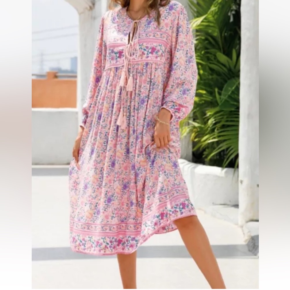 NWT Pink Floral Dress R.Vivimos Long Sleeve Casual Cotton Midi Tunic Dress LARGE